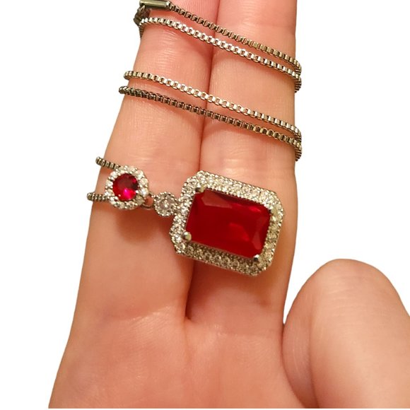 Ruby Pendant Necklace Silver Stainless Steel Emerald Cut Stone for Women - Picture 7 of 9